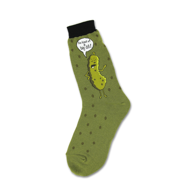 Olive green crew socks with dark green polka dots and a cartoon pickle graphic saying, 'I'm kind of a big dill!'