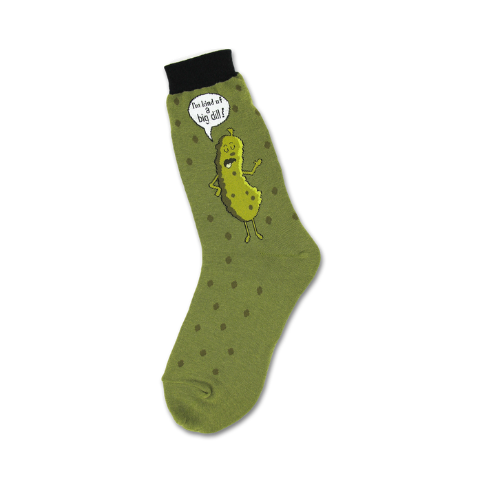 Olive green crew socks with dark green polka dots and a cartoon pickle graphic saying, 'I'm kind of a big dill!' }}