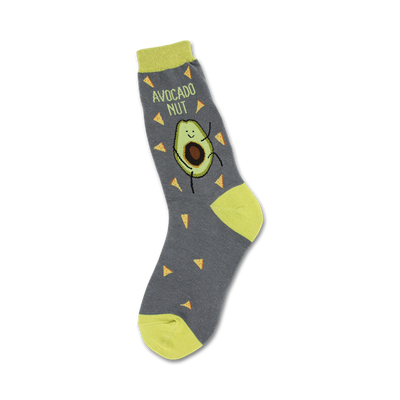 Crew socks in grey and lime green, featuring a cartoon avocado with tortilla chip accents and the phrase 'Avocado Nut'.