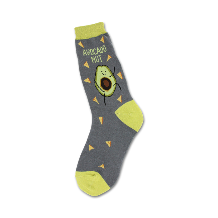  gray crew socks with green cuff, yellow toe and heel. depicting a dancing avocado, tortilla chips scattered about and text: 