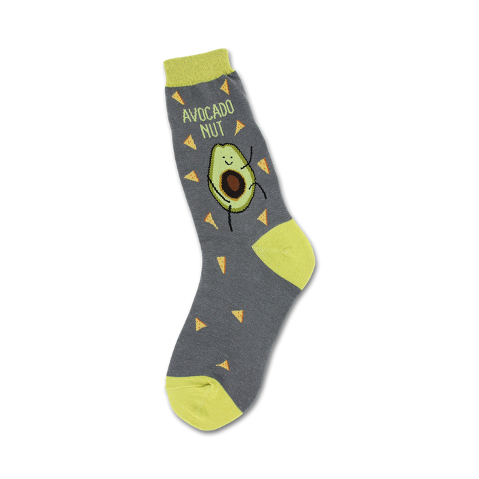 Crew socks in grey and lime green, featuring a cartoon avocado with tortilla chip accents and the phrase 'Avocado Nut'. }}