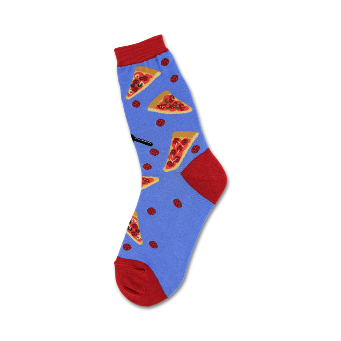 Crew socks in blue with red accents, displaying pepperoni pizza slices and scattered pepperoni. }}