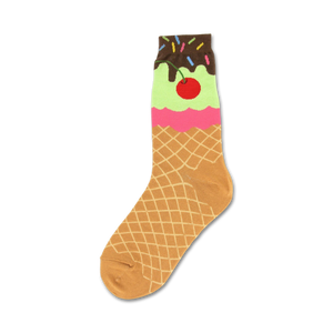 Cream, pink, and brown crew socks featuring an ice cream cone design with sprinkles and a cherry.
