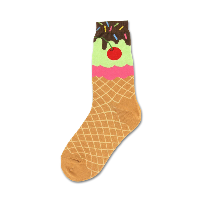 Cream, pink, and brown crew socks featuring an ice cream cone design with sprinkles and a cherry.
