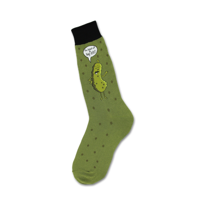 Olive green crew socks with dark green polka dots and a cartoon pickle graphic that says, 'I'm kind of a big dill!'