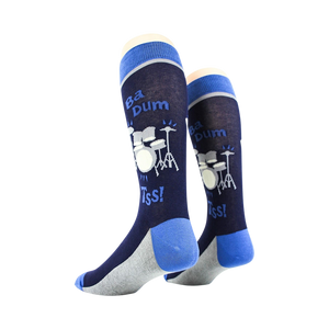 Rear view of two 'Drum Set' socks on a mannequin, showcasing the back of the sock design.
