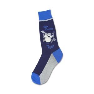 dark blue men's crew socks with gray toe, heel and blue top. cartoonish drum set with 