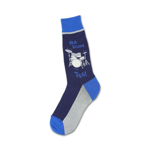 A pair of navy blue and gray crew socks with a fun illustration of a drum set and the words 'Ba Dum Tss!'