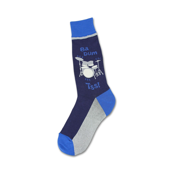dark blue men's crew socks with gray toe, heel and blue top. cartoonish drum set with 