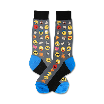 A pair of gray crew socks with colorful emoji designs.  The socks feature blue and black accents.