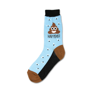Crew socks in light blue with a smiling poop emoji and 'Poop Happens!' text.  Brown heel and toe with small fly accents.