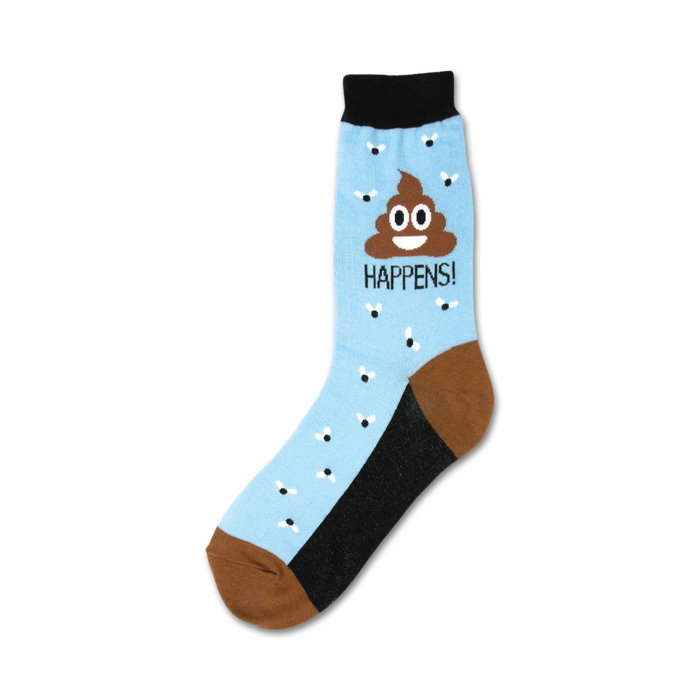 Crew socks in light blue with a smiling poop emoji and 'Poop Happens!' text.  Brown heel and toe with small fly accents.