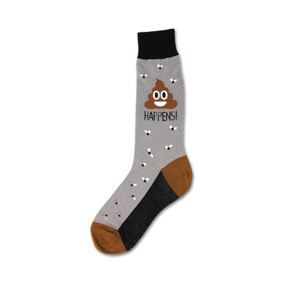 Crew socks in grey, brown, and black featuring a smiling poop emoji, flies, and the text 'POOP HAPPENS!'
