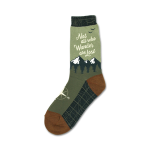 Crew socks in olive green and brown. Features a mountain range, compass, and the quote 'Not all who wander are lost.'