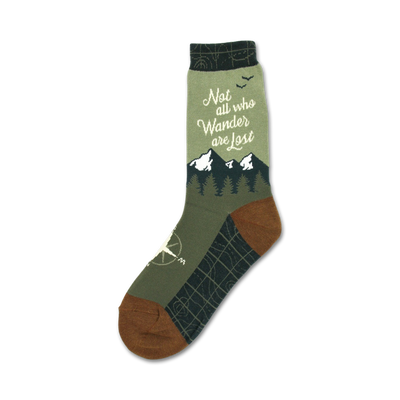 Crew socks in olive green and brown. Features a mountain range, compass, and the quote 'Not all who wander are lost.'