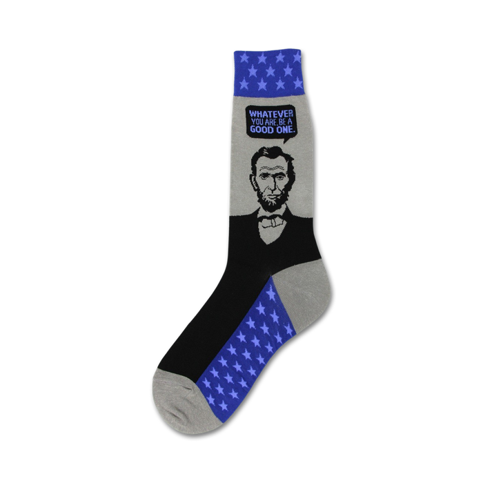 black with gray toe, heel, and top. blue band with white stars. men's crew socks featuring political-themed abraham lincoln portraits.   }}