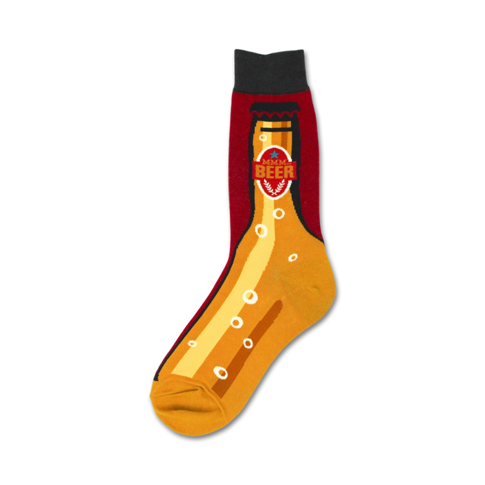 Crew socks with a beer bottle design. The socks are mainly gold and burgundy, with a detailed beer bottle graphic and 'Mmm Beer' label. }}