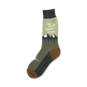 Crew socks in olive green and brown.  Features a mountain range, compass details, and the quote 'Not all who wander are lost.'