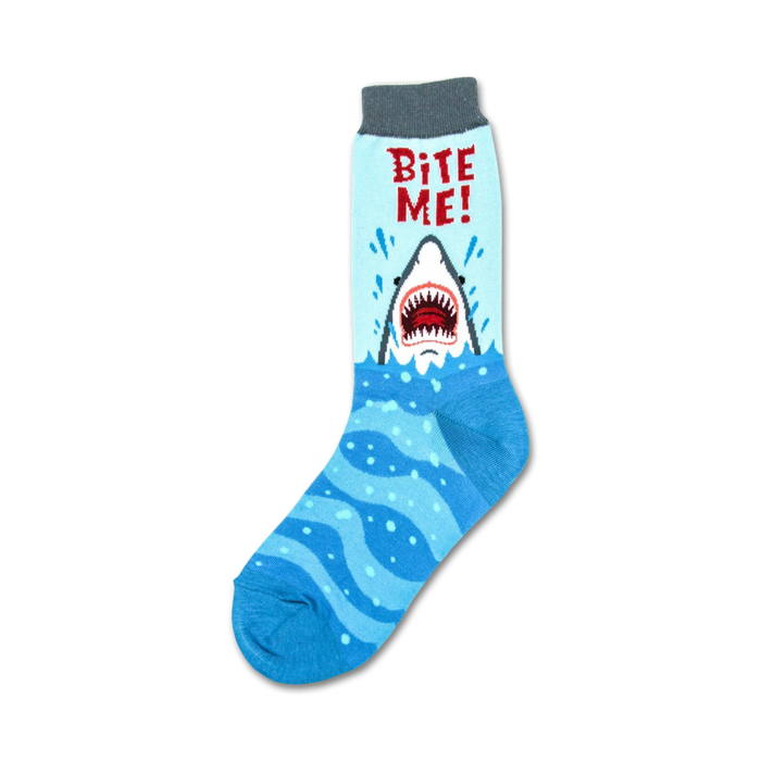 Crew socks in light blue and white, featuring a graphic of a great white shark emerging from the water with 'Bite Me!' text. }}