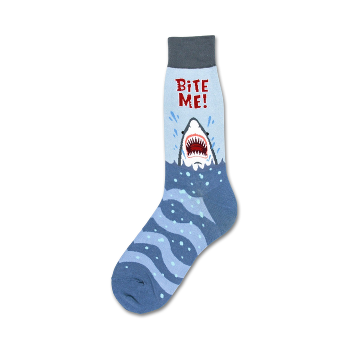 Crew socks in blue and gray featuring a graphic of a great white shark emerging from the water with the words 'Bite Me!' }}