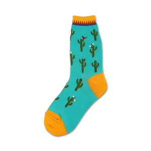 Teal crew socks with a repeating pattern of green cacti, small white flowers, and a red cardinal. Yellow cuff and top.