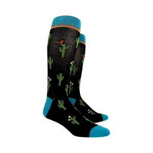 Pair of black crew socks with cactus print, teal blue cuffs, shown from the side.