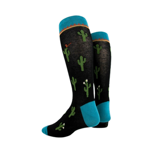 Another view of the black cactus socks from the side, showing the full length.