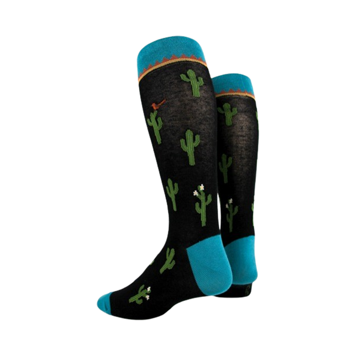 Another view of the black cactus socks from the side, showing the full length.
