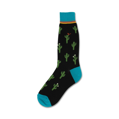Black crew socks with a fun cactus and bird design. Teal blue cuffs and top band add a pop of color.