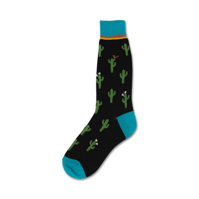 Black crew socks with a fun cactus and bird design. Teal blue cuffs and top band add a pop of color.
