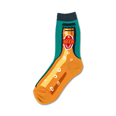Crew socks showcasing a beer bottle design. The socks are mainly orange and teal, with brown details and a 'Mmm Beer' label.
