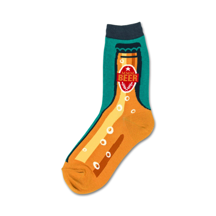 crew socks with a pattern of beer bottles and text on a green and yellow background. dark green cuff and brown toe and heel. for women.   }}