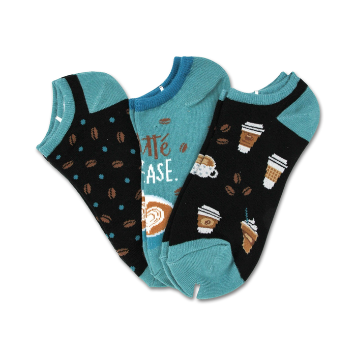 3-pack of novelty black, blue and teal ankle socks with coffee beans, coffee cups and the words 