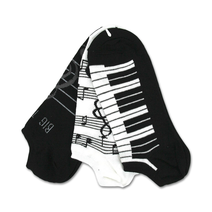 black, white, and gray no-show socks for men feature a pattern of musical notes and piano keys.   }}