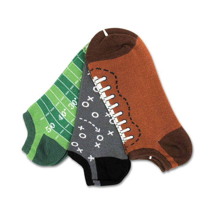 football 3 pack of men's no-show athletic socks with field, gridiron and pigskin motifs.    }}