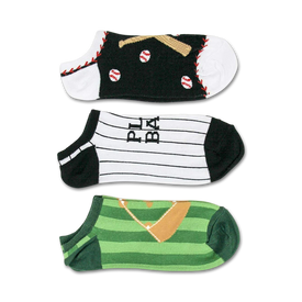 mens black, white and green no-show baseball themed socks.  