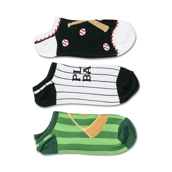 mens black, white and green no-show baseball themed socks.   }}