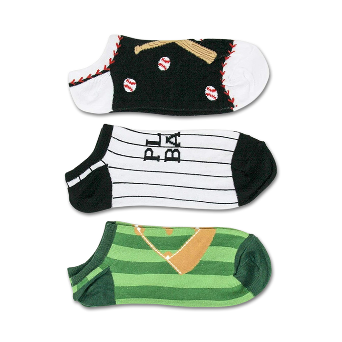 Three pairs of ankle socks with baseball themes: bats and balls, a baseball uniform, and a baseball field. }}