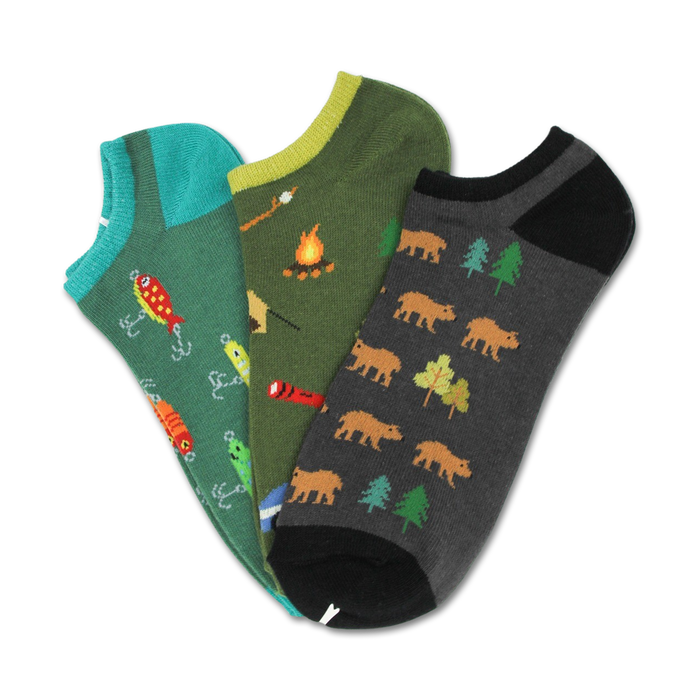 ankle socks, men's with outdoor patterns (fish, worm, bear, tree, camo).   }}