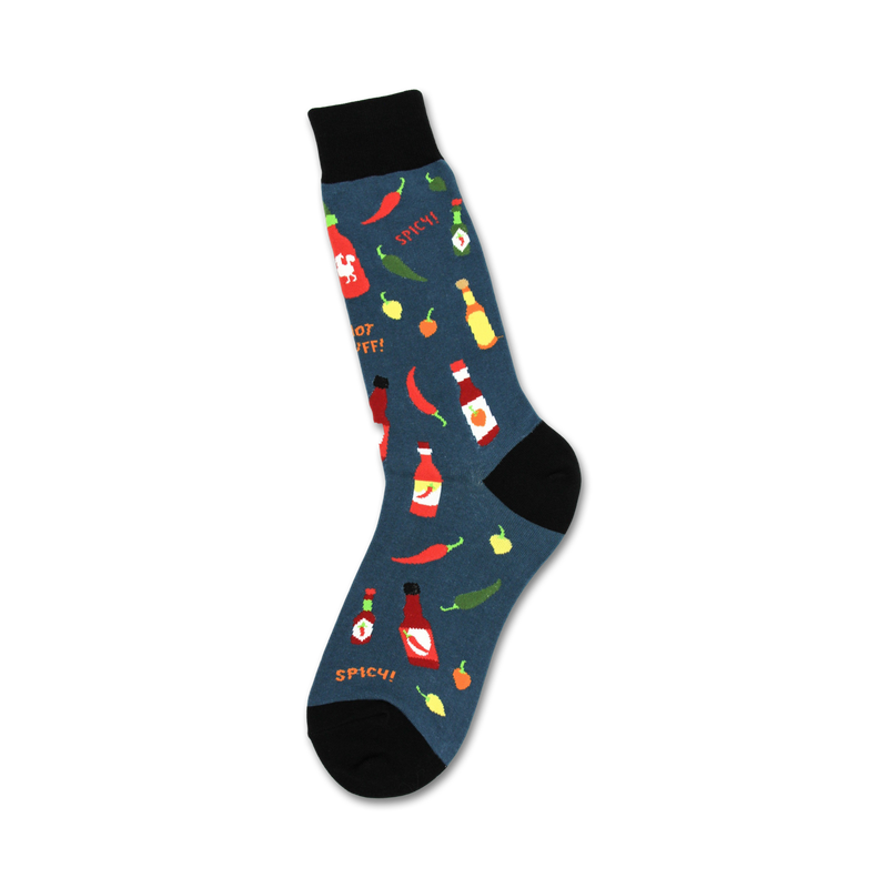 Crew socks in teal with a pattern of colorful hot sauce bottles, chili peppers, and jalapeños. The words 'Spicy!' are also featured.