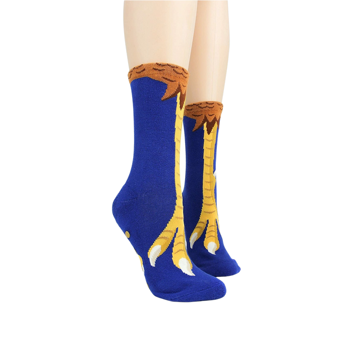 Lifestyle shot of Chicken Feet Non-Skid Slipper socks on a model's legs.