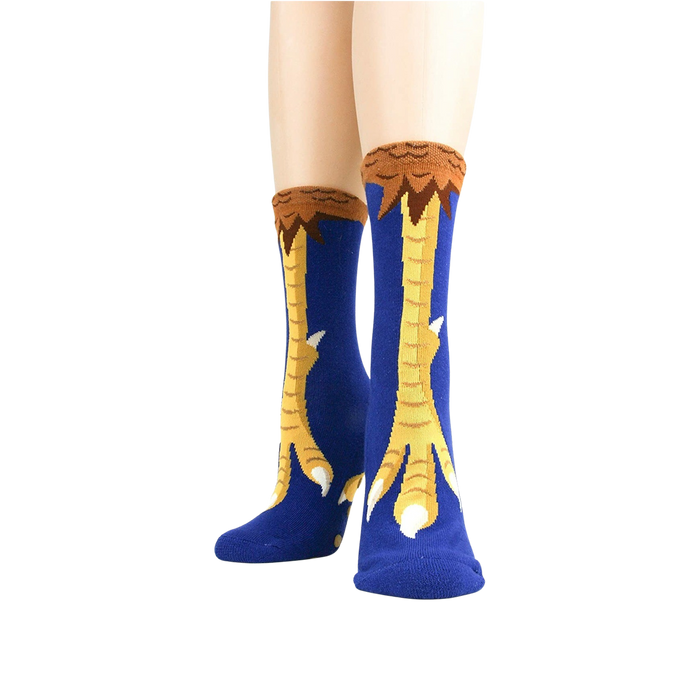 Close-up view of the socks showing the detail of the chicken feet design.