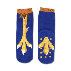 Pair of blue non-skid slipper socks with a playful chicken feet design.  Features yellow and brown accents.