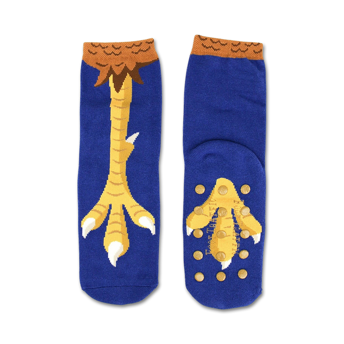 Pair of blue non-skid slipper socks with a playful chicken feet design.  Features yellow and brown accents.