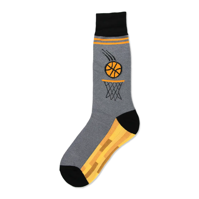 Gray crew socks with an orange basketball going through a hoop and orange stripes along the top and bottom. Black accents at the top and toe. }}