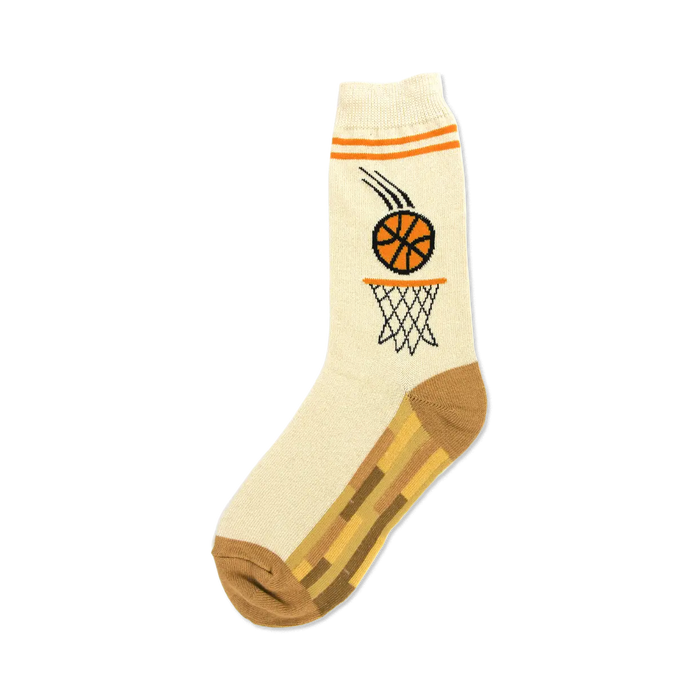 Cream crew socks with orange basketball design and brown heel/toe. Features a basketball swishing through a net. }}