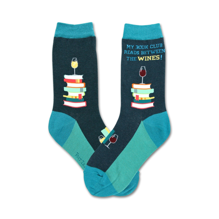 dark blue crew socks with turquoise toe, heel, cuff, stripes, and lettering that says 