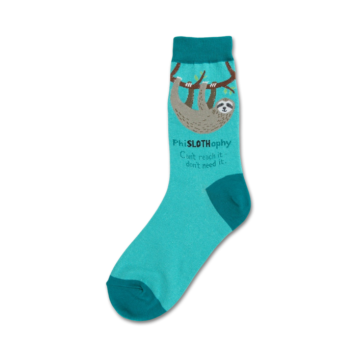  blue women's crew socks with a sleepy sloth hanging from a branch. 