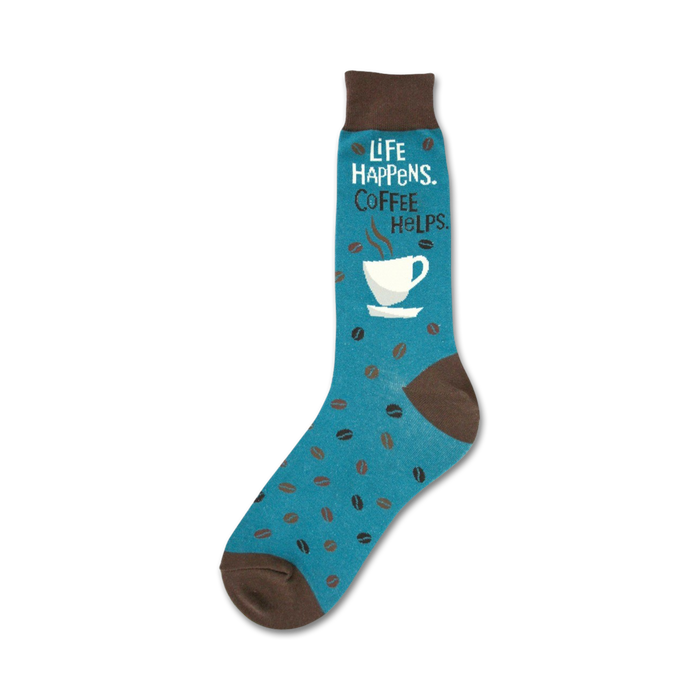 Teal crew socks with brown coffee beans scattered across. Features a coffee cup graphic and the text 'Life Happens. Coffee Helps.' }}