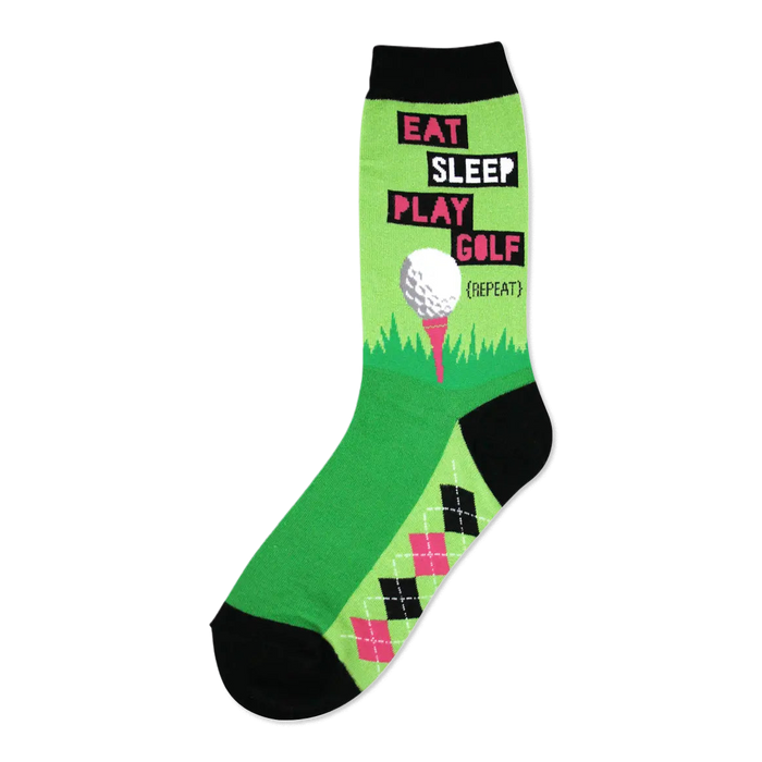 Crew socks in lime green and black. Design features the text 'Eat Sleep Play Golf (Repeat)' and a golf ball on a tee. }}
